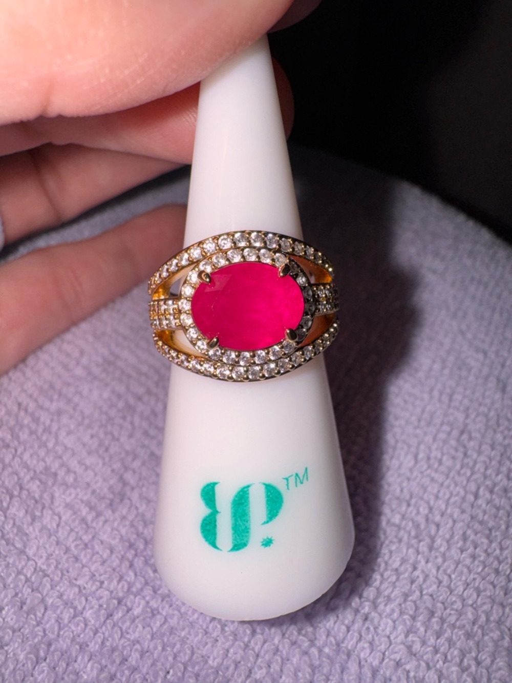 bp Gold-Tone Ring with Hot Pink Oval Stone and Pavé Accents